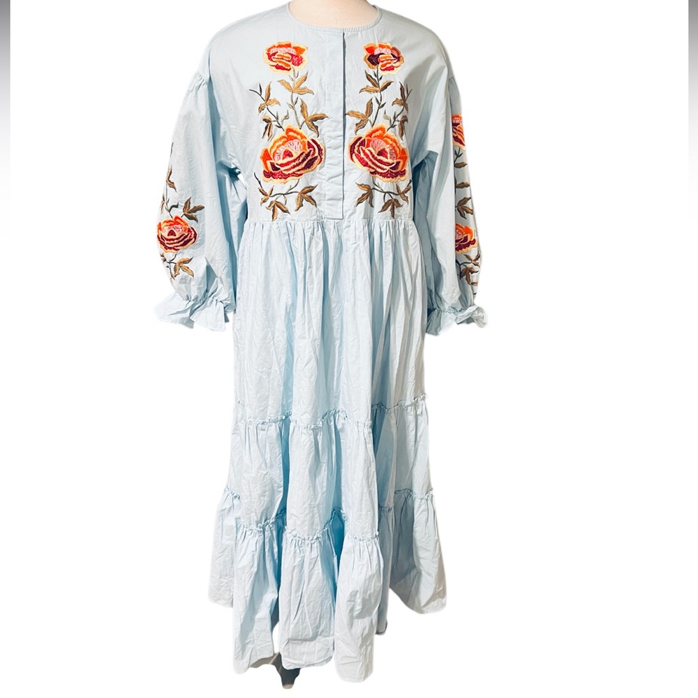 Anthropologie Samant Chauhan Tiered Embroidered Maxi Dress, Blue Size M NWT - Picture 5 of 12